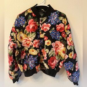 Liz Wear Women's Jacket Size Medium Vintage Black Bright Floral Bomber 9…